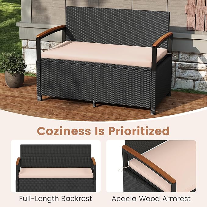 RELAX4LIFE Wicker Outdoor Storage Bench, Rattan Deck Box w/Protective Liner for Patio Furniture Pillows & Garden Tools, Porch Loveseat with Seat Cushion, Acacia Wood Armrests (Black-Beige)