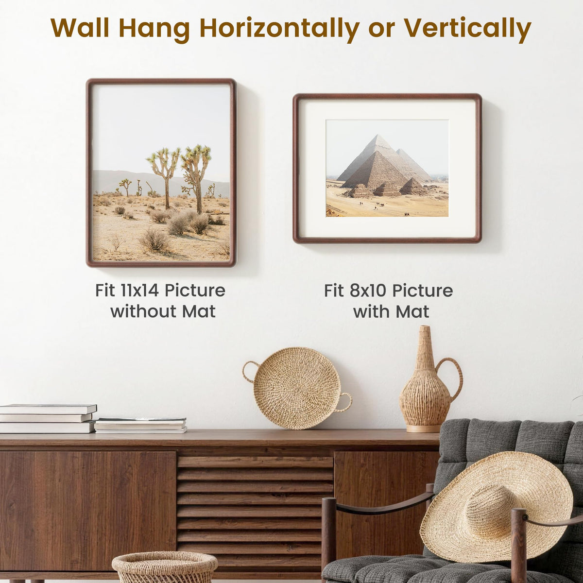 11x14 Picture Frame, Natural Solid Mahogany Wood Photo Collage Frame with HD Tempered Glass, Rounded Corner Wooden Frame 11 x 14 Matted to 6x8, Gallery Wall Frames for Art, Wall or Tabletop Display