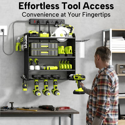 CFMASTER 4 Layer Heavy Duty Power Tool Organizer Wall Mount with Charging Station, Adjustable Metal Storage Rack, 6 Outlets Strip, Drill Holders, Hooks & Drill Bit Rack for Garage, Workshop, Black