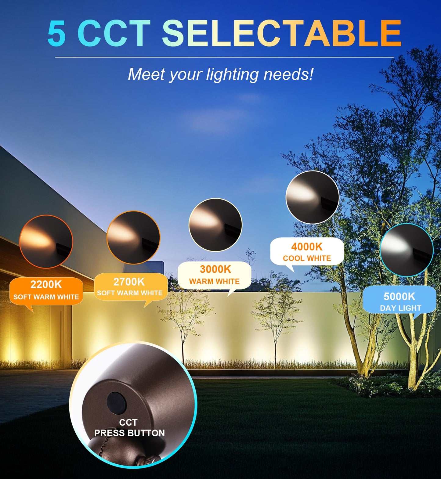 CLOUDY BAY 9W 5CCT LED Landscape Lighting Low Voltage (AC/DC 12V) Outdoor Spotlights with Spike Stand,Waterproof Pathway Lights,2200K/2700K/3000K/4000K/5000K Selectable,Pack of 4,Bronze