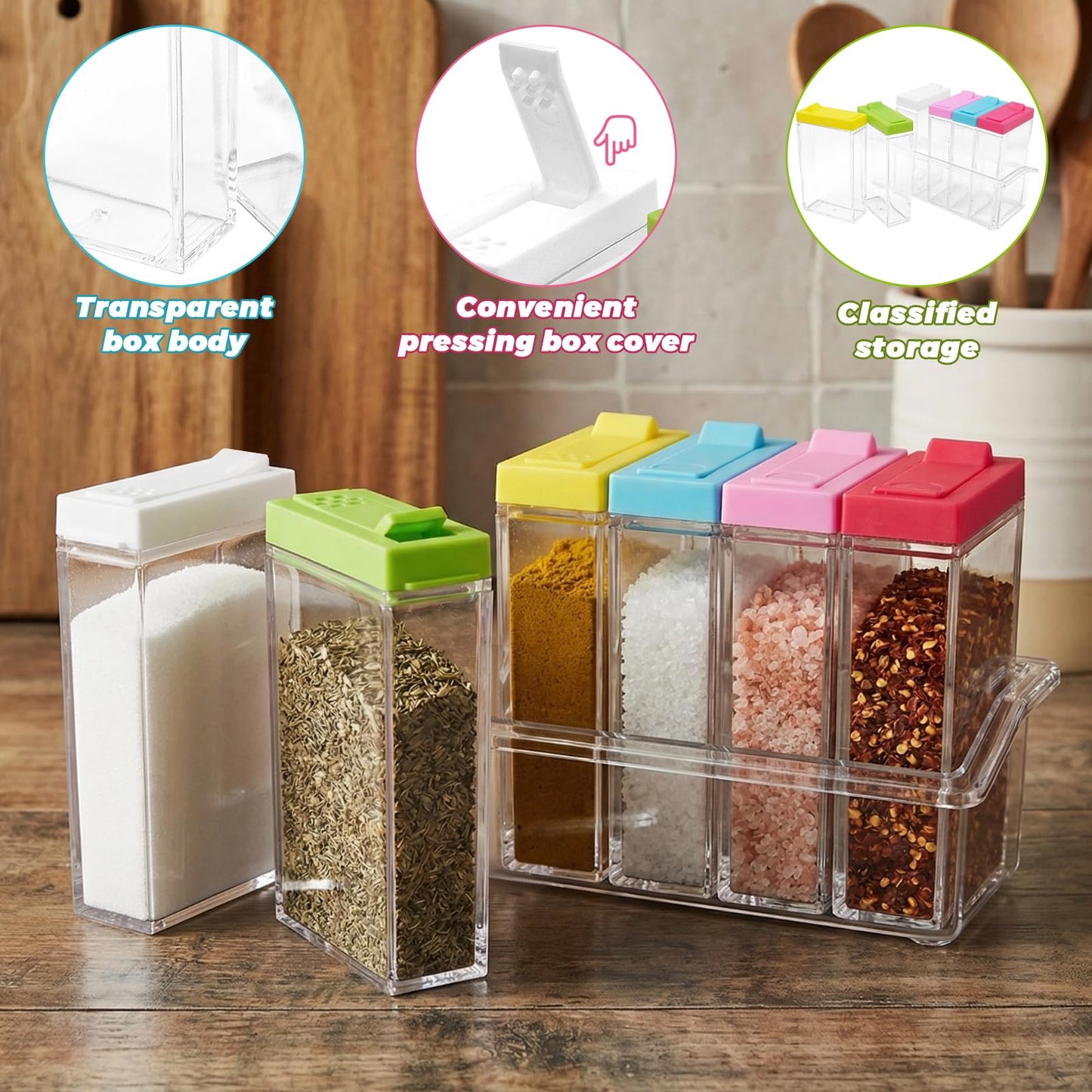 JLNGTHONG 6 Pcs Spice Jars, Empty Spice Containers with Tray, Rectangular Small Seasoning Bottles Supplement Pack for Salt, Herbs, Sugar, Pepper
