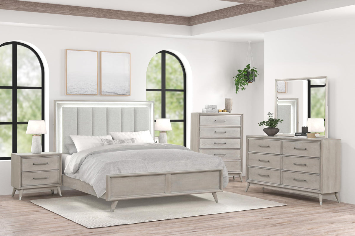 Roundhill Furniture Seluna 6-Piece Bedroom Set with Touch LED Lighting, Gray Oak Finish, King