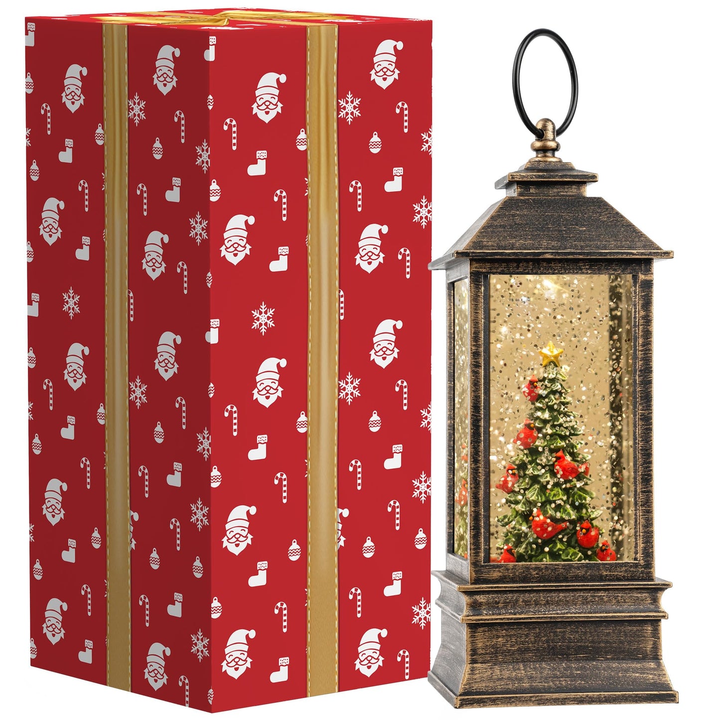 Christmas Snow Globe Lantern Water Glittering Christmas Tree with Music, USB Lined/Battery Operated Lighted Lantern for Christmas Festival Decoration Gifts