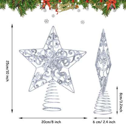 Blulu Christmas Star Tree Topper 10 Inch Glittered 3D Metal Star Treetop Topper Christmas Hollow Sequin Tree Decoration for Xmas Holiday Party Decoration Indoor(Silver)