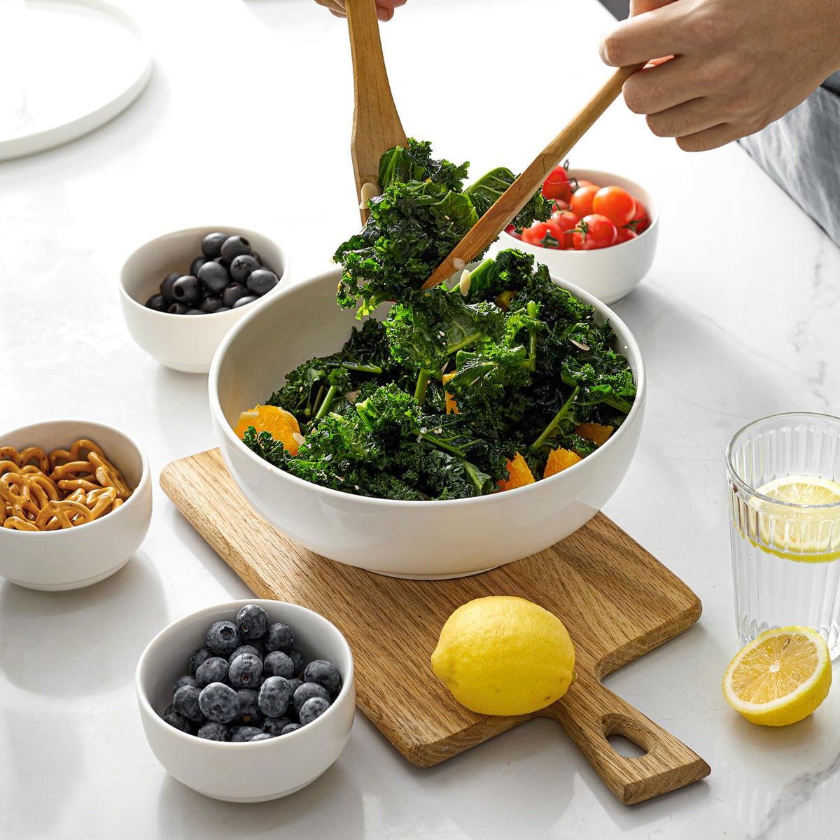 DOWAN Serving Bowls, 90 OZ(9.5") Large Salad Bowls for Entertaining, Side Dishes, Pho, Pasta, Centerpiece Bowls for Dinner Parties, Kitchen Decor, Microwave & Dishwasher Safe, White