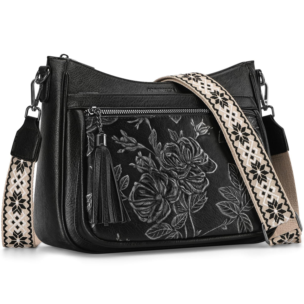 FORUWISH Crossbody Bags for Women, Black Silver Vegan Leather Medium Crossbody Purse, Spacious Daily Travel Shoulder Bag with Boho Strap