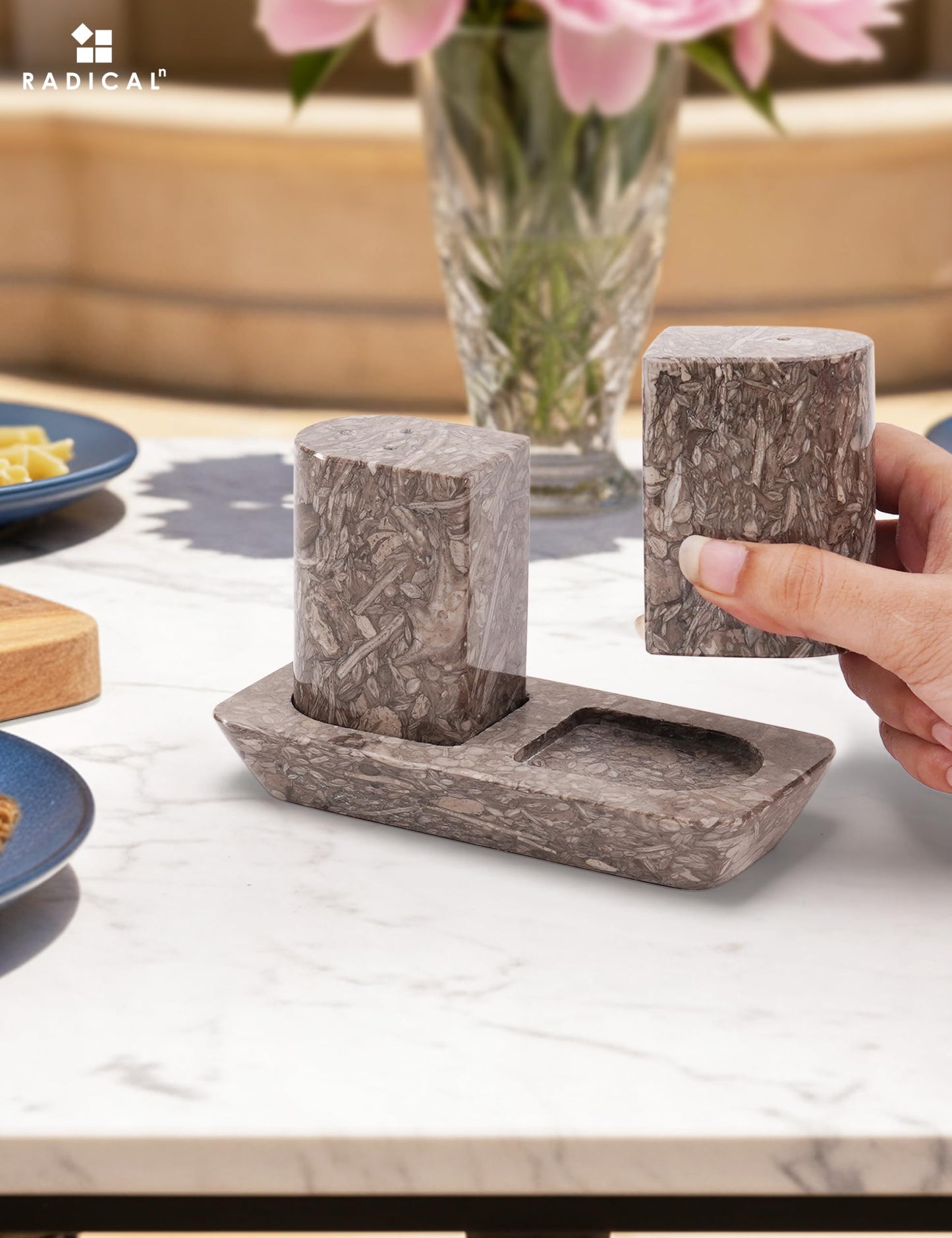 Radicaln Marble Salt and Pepper Shakers 2.5" Oceanic Handcrafted Stone Saleros Spice Set for Kitchen Table, Pink Salt Holder, Farmhouse Kitchen Decor, Elegant Home Essentials