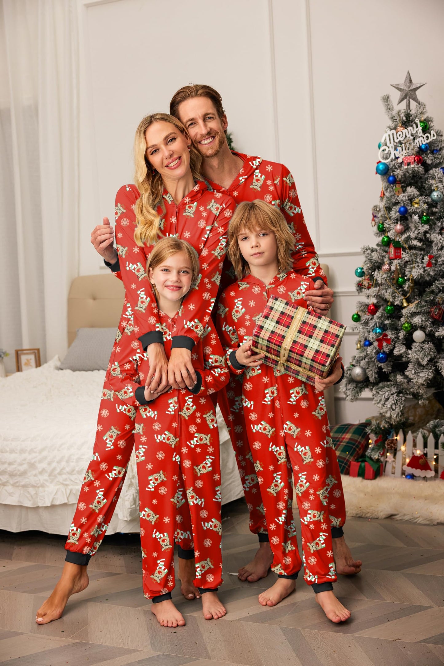 Ekouaer Christmas Onesie Matching Family Elk Antler Hooded Zipper One Piece Long Sleeve Pajamas with Pockets Reindeer Red S