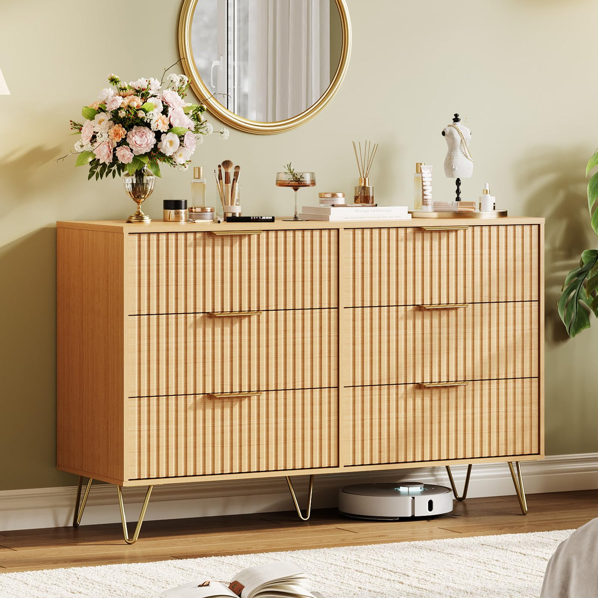 Garvee Fluted Dresser for Bedroom with 6 Drawers,47" Wide Modern Chest of Wooden Bedroom Chest with Metal Handle,Clothes Storage Organizer,Closet Dresser & TV Stand for Living Room,Hallway,6&Natural