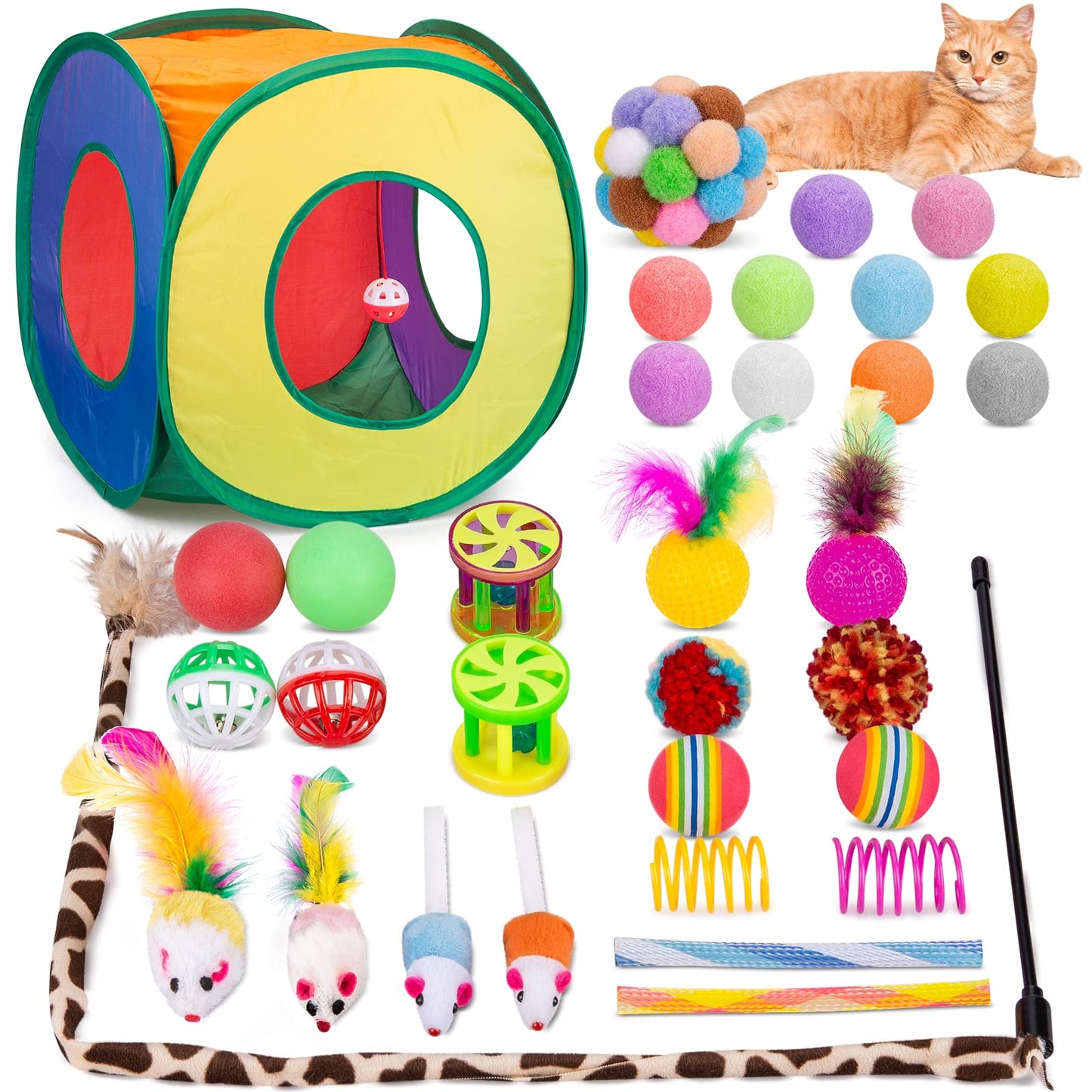 Retro Shaw Cat Toys Pack 33Pcs, Interactive Kitten Toys for Indoor Kittens Cats, Collapsible Kitty Play Tunnel Tent Feather Wand Balls Bell Springs Mouse Kitty Toys for All Breeds 15.7 Inches