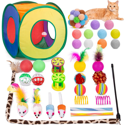 Retro Shaw Cat Toys Pack 33Pcs, Interactive Kitten Toys for Indoor Kittens Cats, Collapsible Kitty Play Tunnel Tent Feather Wand Balls Bell Springs Mouse Kitty Toys for All Breeds 15.7 Inches