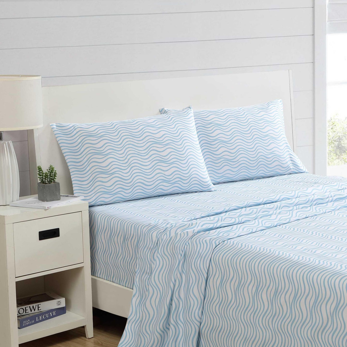 Nautica - Sheet Set, Breathable & Cooling Microfiber Bedding with Matching Pillowcases, Deep Pocket, Fully Elasticized (Linearly Waves Ocean Breeze Blue, Queen)