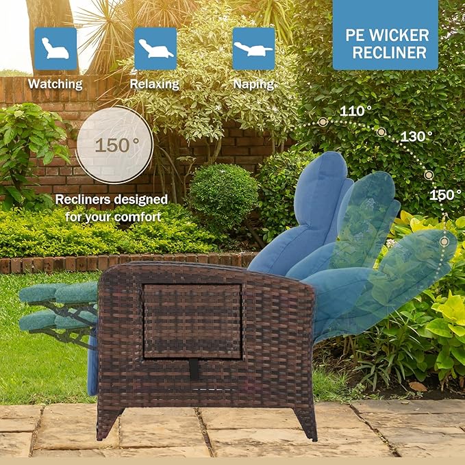 Outdoor Recliner Chairs Set of 2 Reclining Patio Chairs with Adjustable Back and Extended Footrest Wicker Rattan Recliner Chairs with Flip Table and Removable Cushion