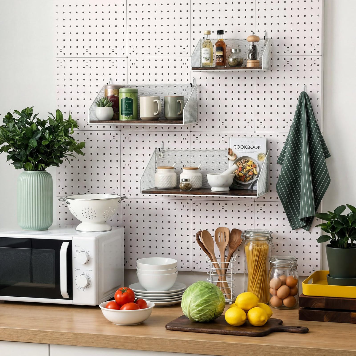 Ferrochef 3 Pack Pegboard Shelves with Hooks, Wall Mounted Grid Shelves, Pegboard Organizer Bins with Wooden Base, Heavy Duty Peg Board Storage Accessories for Kitchen, Bathroom, Garage, Office(White)