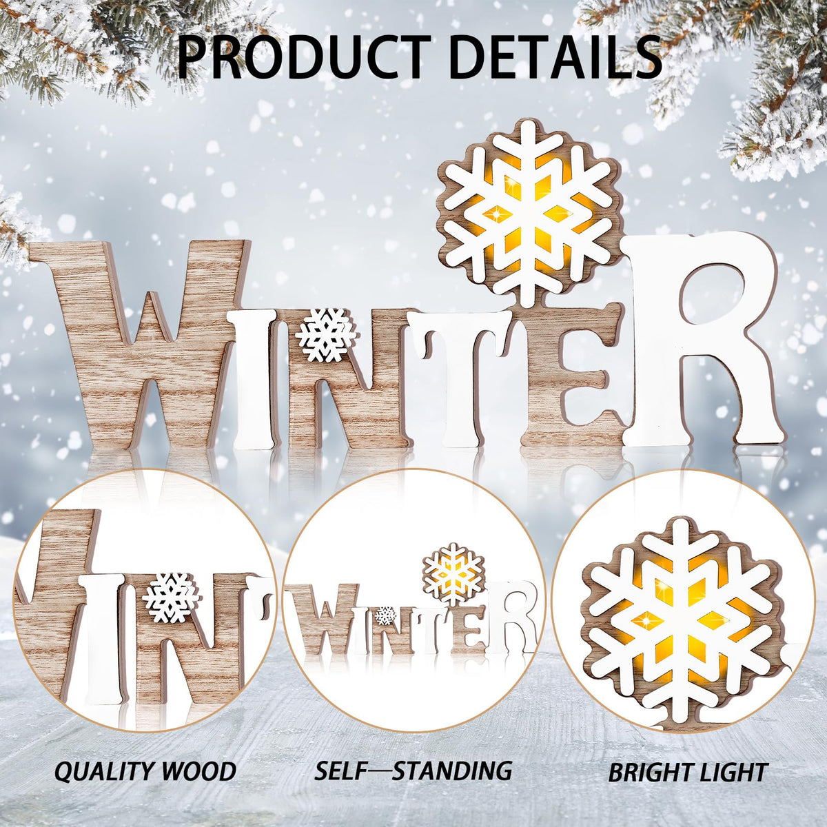 Geetery White Winter LED Wooden Sign Rustic Wooden Words Sign Tabletop Centerpiece Decor Snowflake Decorations for Winter Christmas Table Home Indoor Party