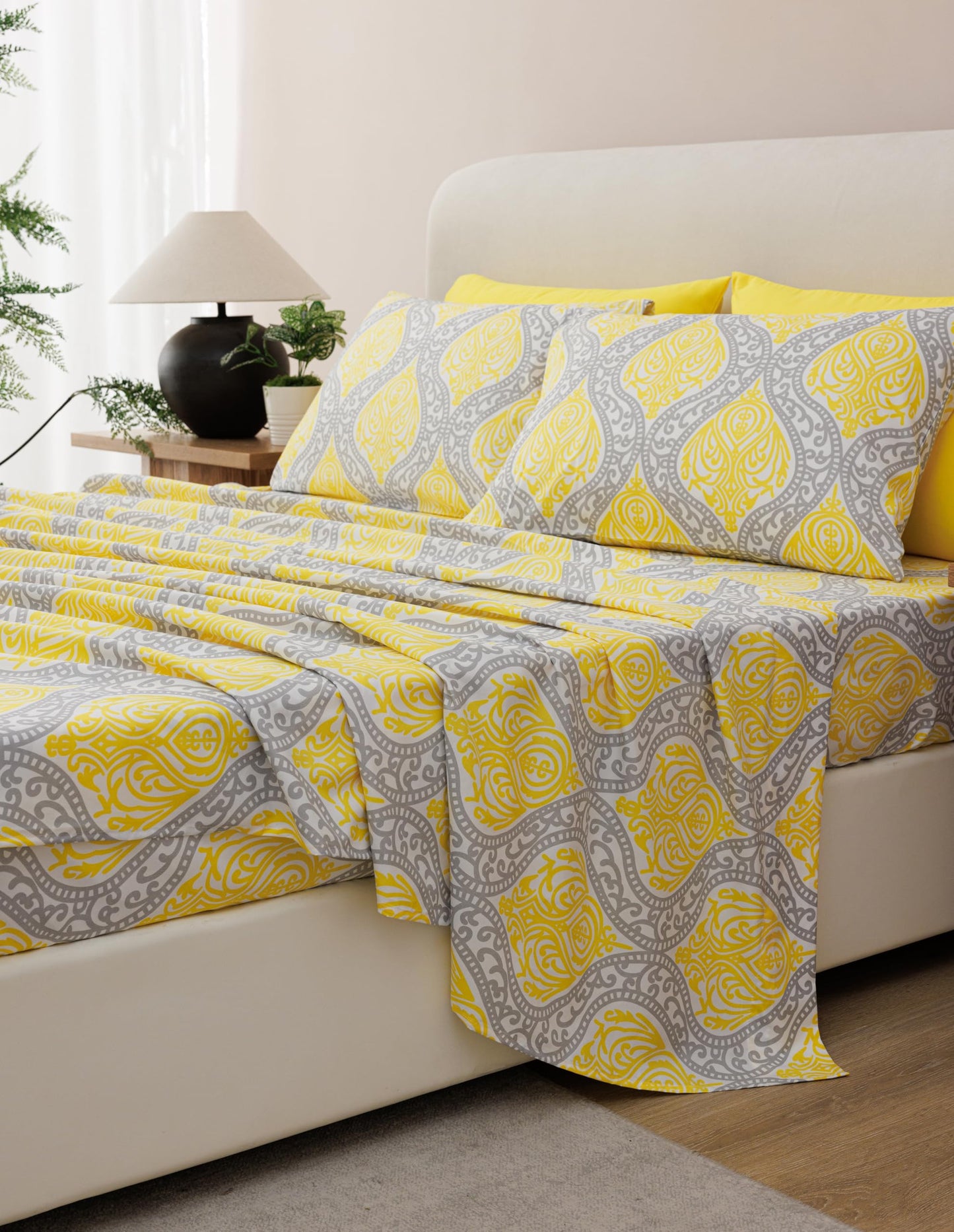 Spirit Linen home 6-Piece King Size Bed Sheet Set - Deep Pocket, Medallion Print, Soft and Breathable Bed Sheets, Microfiber Material, Includes 1 Fitted, 1 Flat, 4 Pillowcases - Grey/Yellow Medallion