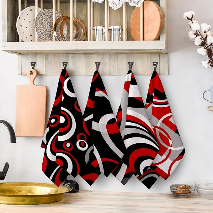 Red Black Grey White Kitchen Dish Towels Set of 4, Soft Absorbent Modern
