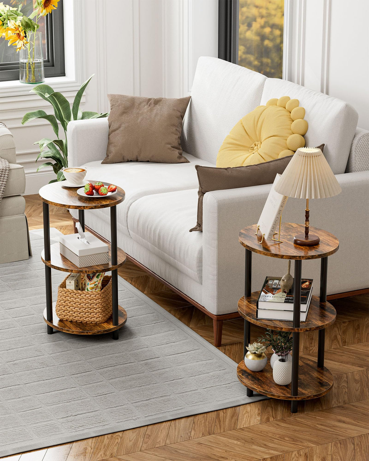 RISWER Round Small End Table - 3 Tier Oval Accent Table for Small Spaces, Rustic Wood and Metal Couch Side Table, Nightstand for Bedroom or End Table Living Room, Easy to Assemble, Rustic Brown
