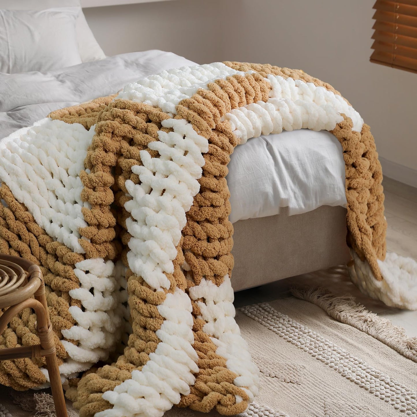 Tudomro Checkered Chunky Knit Throw Blanket for Couch 50 x 60 Inches Neutral Decor 100% Hand Knitted Cozy Soft Large Rope Knot Crochet Blankets for Sofa Living Room(Ivory and Brown)