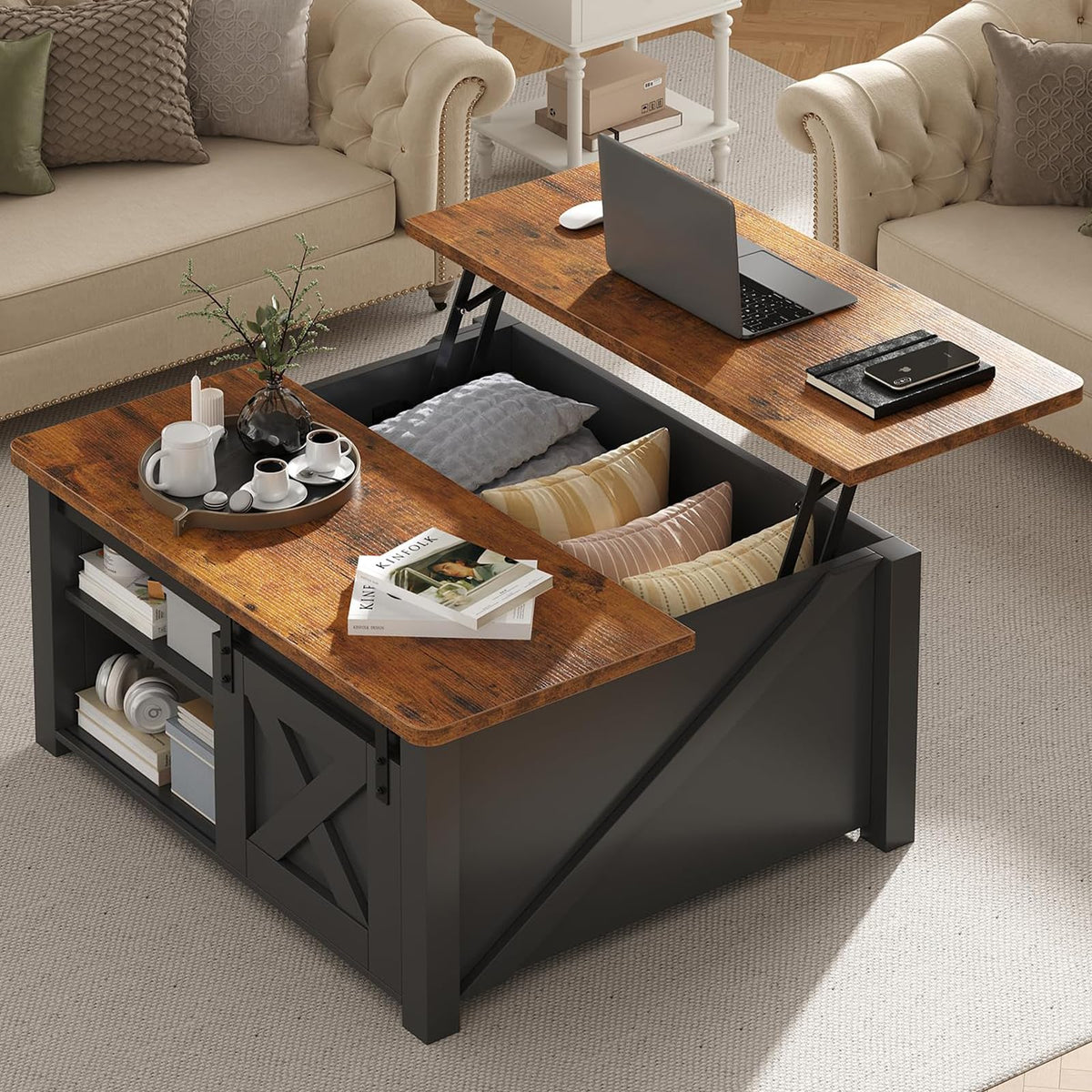 DUMOS Coffee Table, Lift Top Center Table with Storage, Square Living Room Tables with Adjustable Shelves, Modern Wooden Center Coffee Tables with Hidden Storage Compartment for Home, Black
