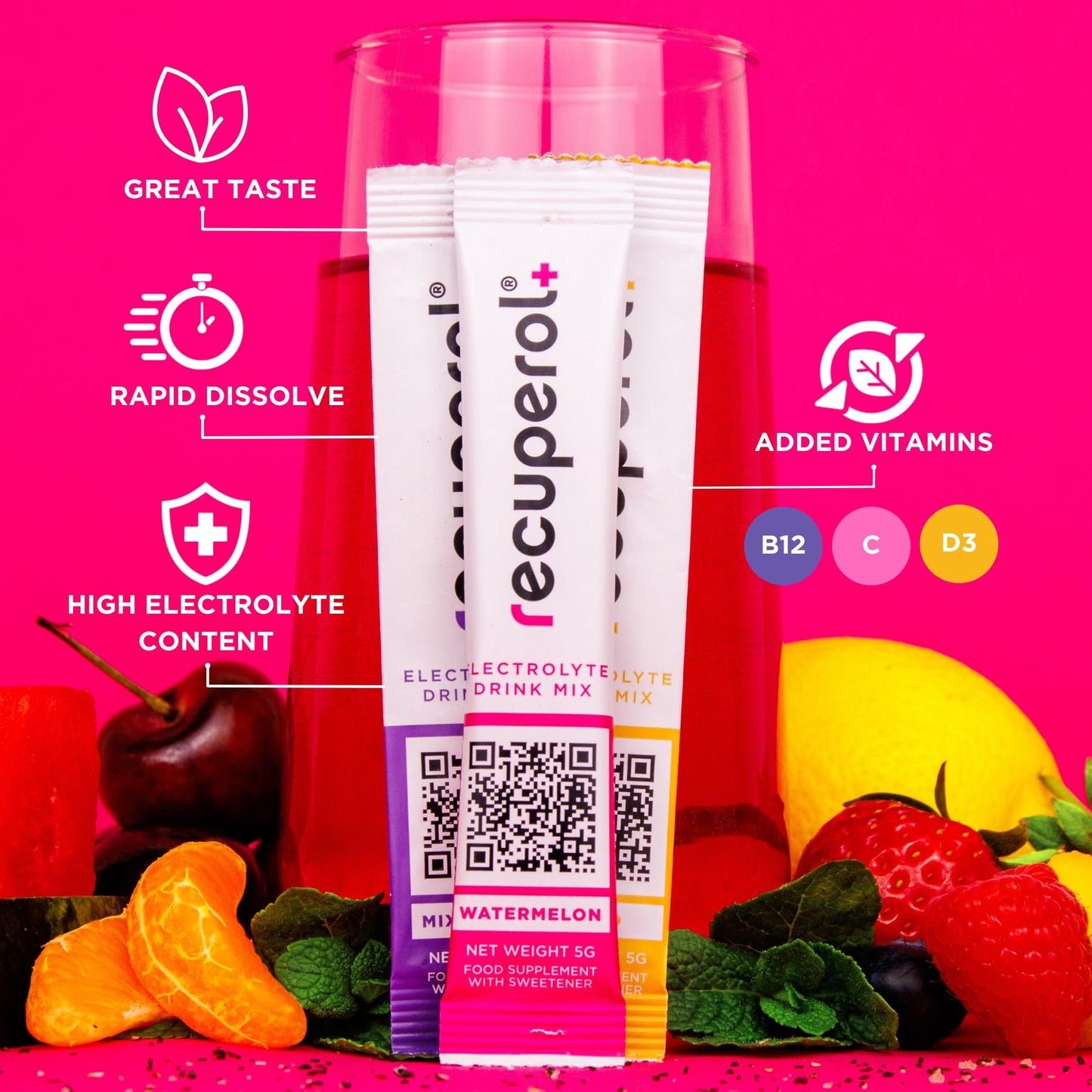 Recuperol Rehydration & Recovery Electrolytes Powder Drink Mix, Variety 30 Pack, High Electrolyte Content│Sugar Free, Vegan, Zinc, Vitamin C, B12, D3, Potassium - 6 Natural Flavours