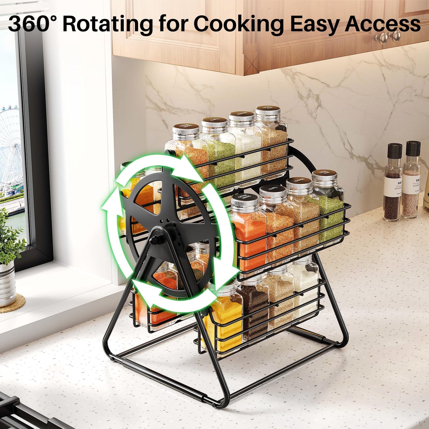 SNTD Rotating Spice Rack Organizer for Large Cabinets Kitchen Countertop with Thicken Spice Jars and Labels, Spinning Like Ferris-Wheel, Metal (M)