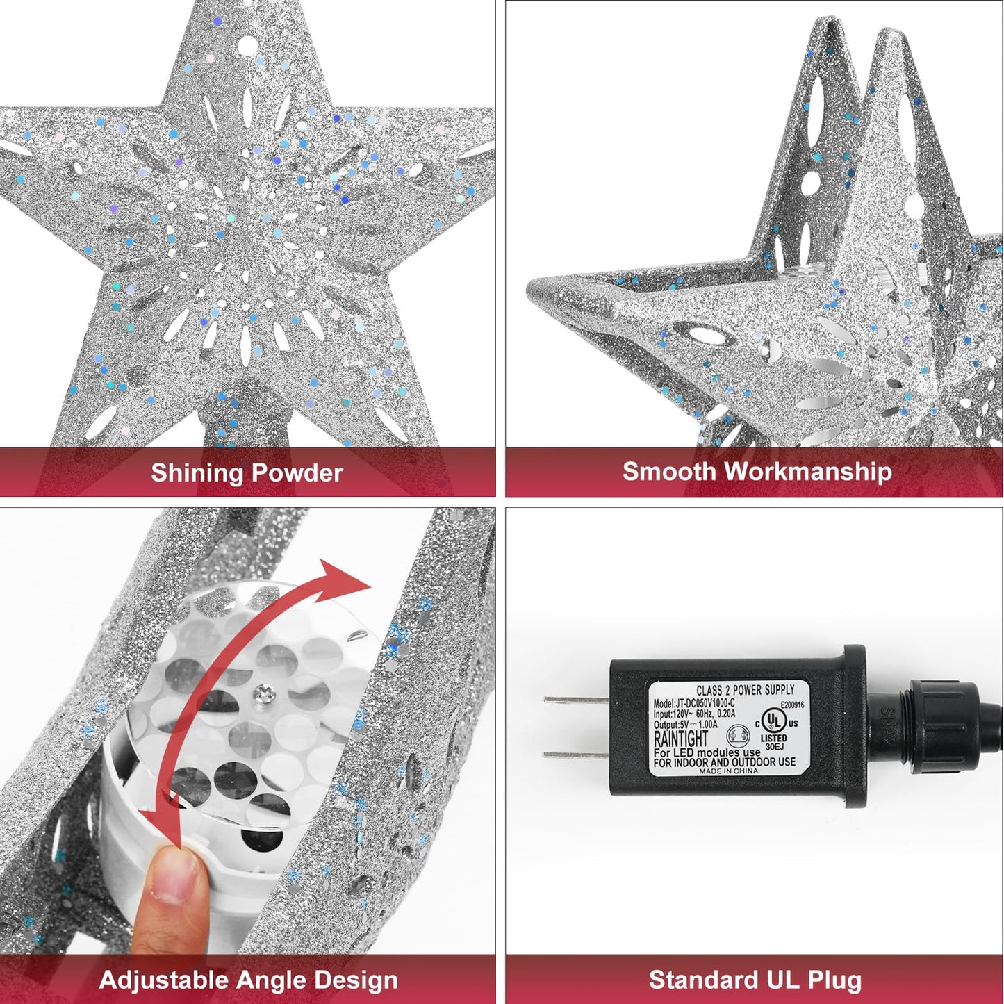 Winpull Christmas Tree Topper Lighted with 6 Pattern Projection Modes, Christmas Star Tree Topper Built-in LED Rotating Lights, Silver 3D Glitter Dynamic Projector for Christmas Decorations