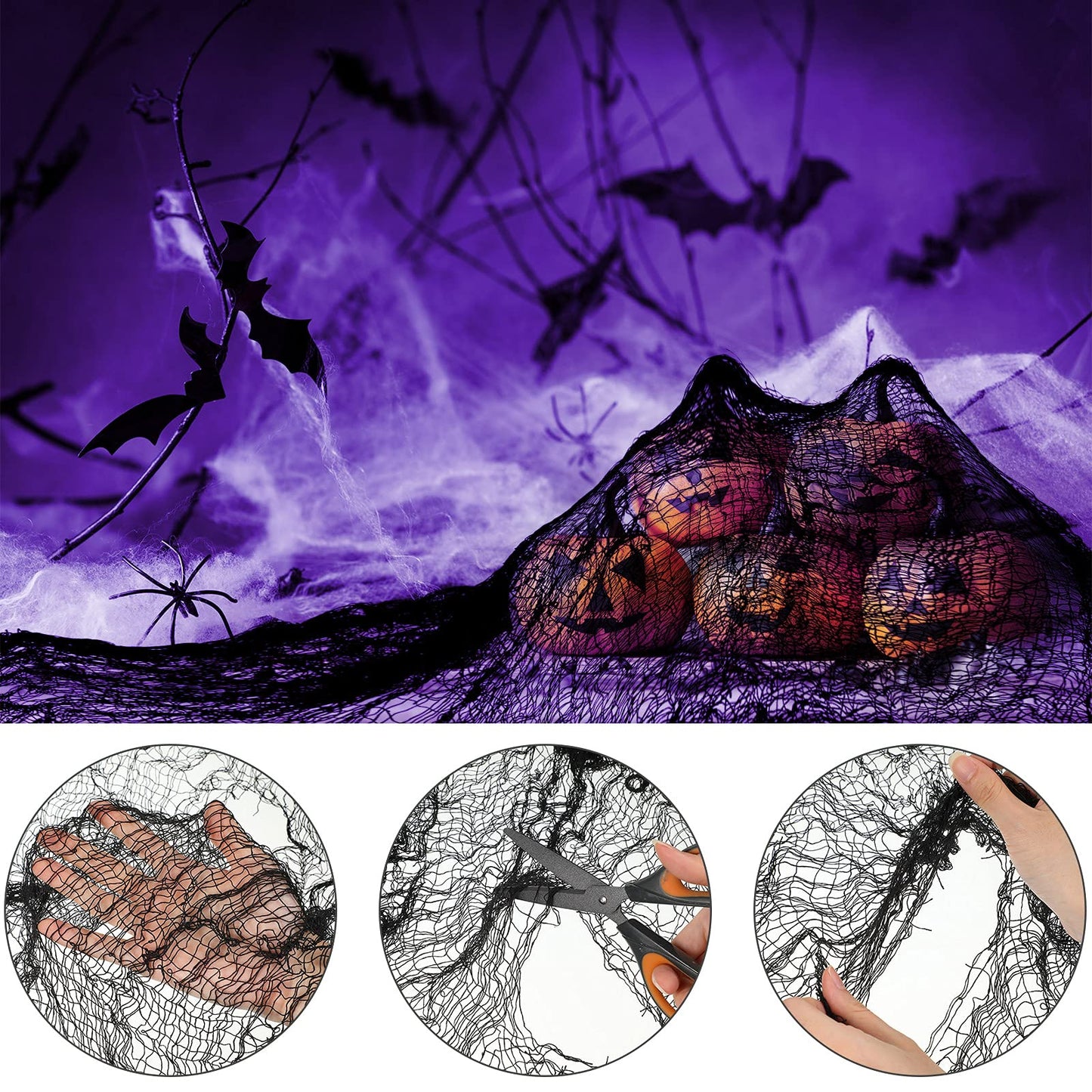 Tegeme 4 Pieces Halloween Black Creepy Cloth 30x72 Inch Spooky Scary Cheesecloth Freaky Polyester Gauze Cloth with 60 Pieces 3D Bat Sticker for Halloween Party Outdoor Yard Wall Decoration