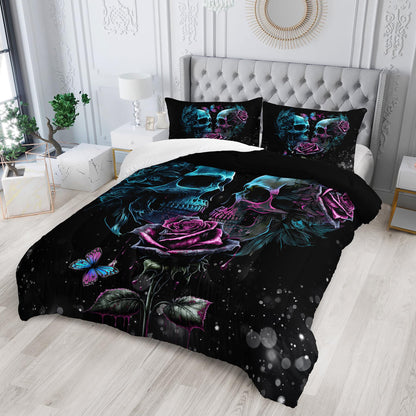 Tuzaovy Skull Bedding Set Queen Size,Goth Bedding Sets Queen with Comforter,Skull Comforter Set,Rose Comforter Halloween Skull Bed Comforter,Blue Comforter Black Bedding Skull Quilt