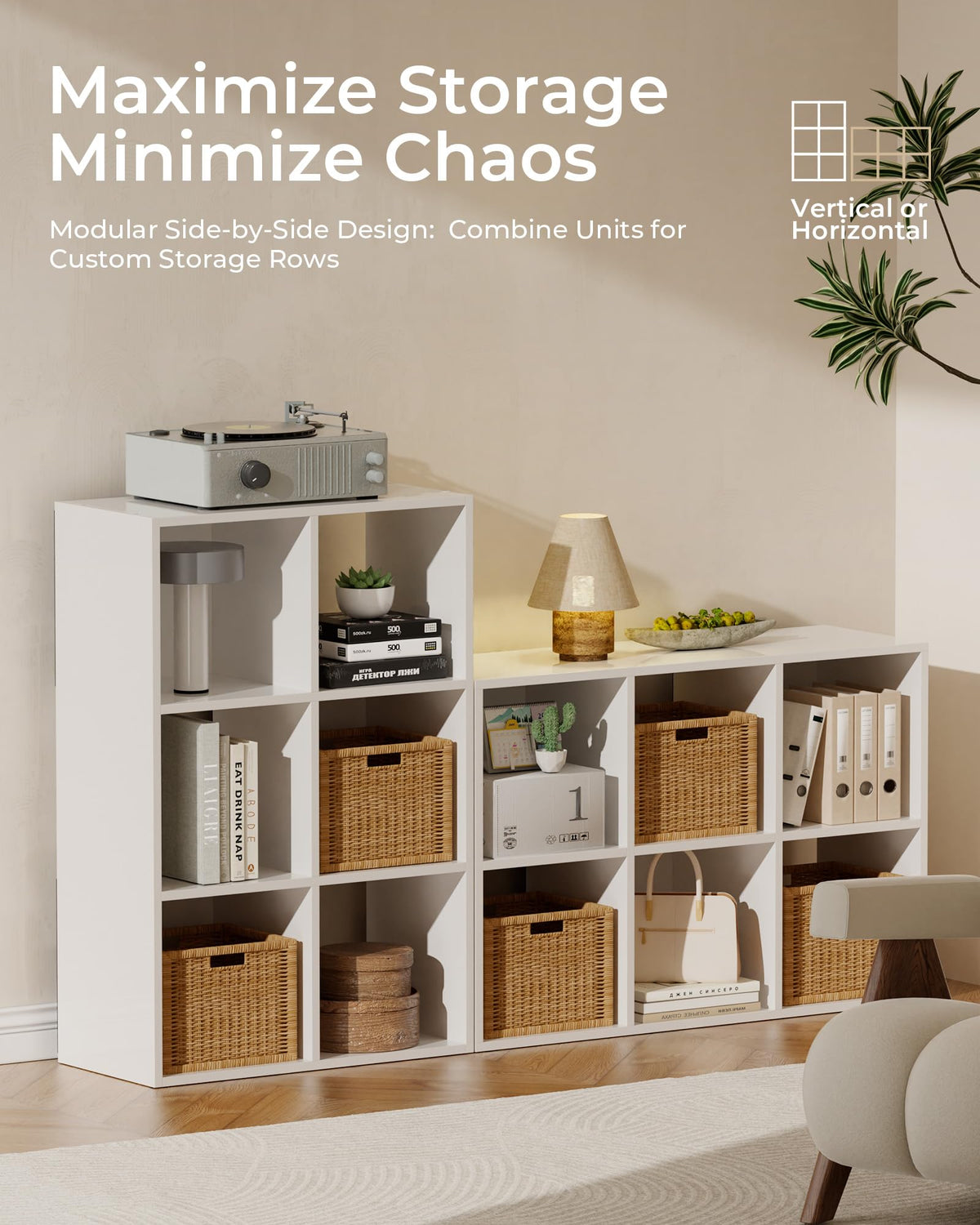 GTPLAYER 6-Cube Storage Organizer, Fits 11" Bins, Vertical or Horizontal Use, Opening Bookshelf, Partial Back Panels, Stackable Design Bookcase, for Closet, Bedroom, Home Office, White
