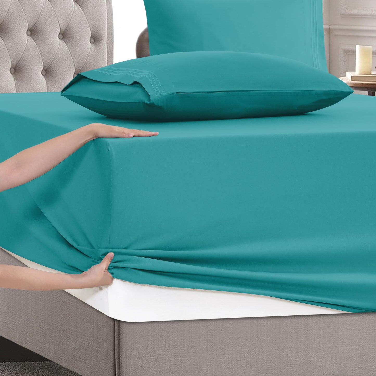 Mocassi Full Size 4-Piece Bed Sheet Set - 1800 Premium Hotel Quality Microfiber 18-24 Inches Extra Deep Pocket Fitted Sheet- Luxury Soft, Breathable, Wrinkle, and Fade Resistant, Teal
