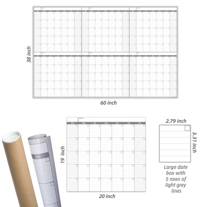 Large Dry Erase Wall Calendar - 60“ x 38" Undated Blank 6 Month Calendar - Giant Whiteboard 6 Month Poster - Premium Laminated Undated Planner for Classroom, Office, Project & Family Schedule