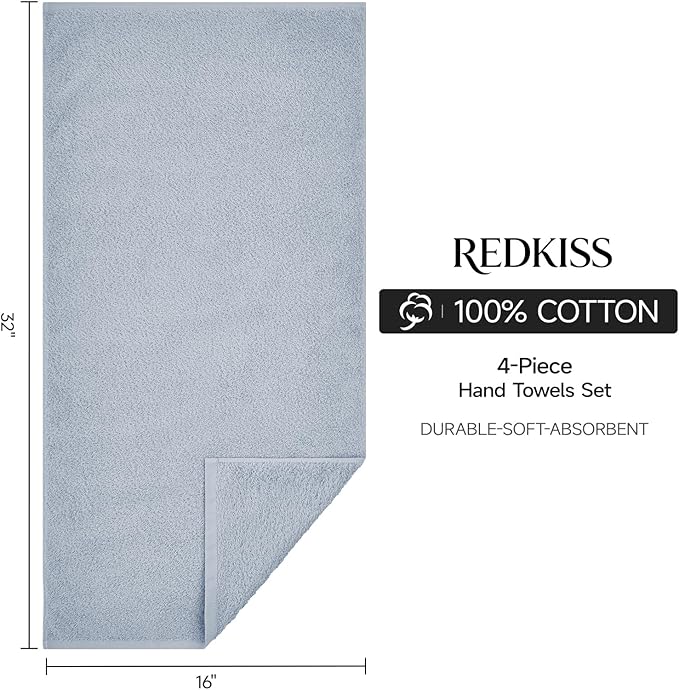 REDKISS 4-Pack Luxury Hand Towels, 16x32 Inch 450 GSM 100% Cotton, Super Soft
