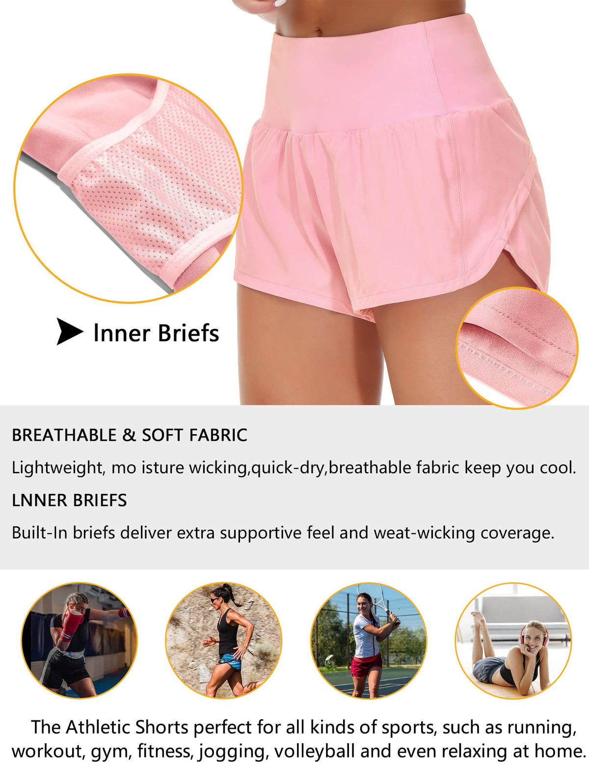 Origiwish Women's High Waisted Running Shorts with Liner Quick Dry Athletic Workout Shorts Zipper Pockets Pink