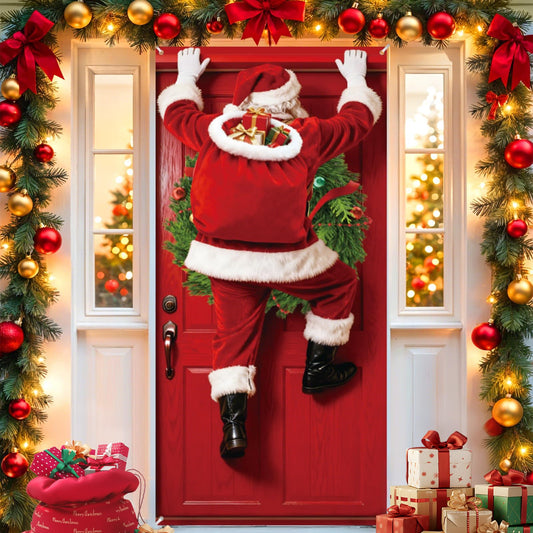 aqwtihaj Christmas Door Cover Climbing Santa Claus Door Banner Decorations Merry Xmas Front Door Cover Xmas Door Hanging Banner Santa Claus Porch Sign Backdrop for Home Winter Holiday Christmas Supply