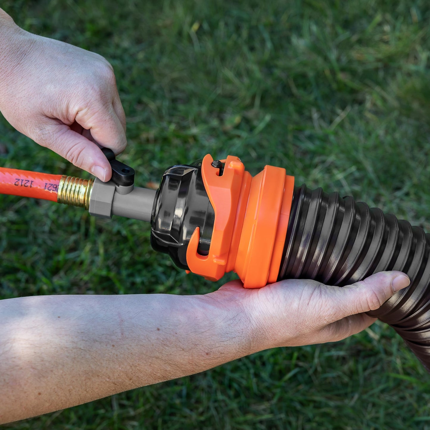 Camco RhinoFlex 10-Ft RV Clean-Out Gray/Black Water Hose with Rinser Cap | Features 4-Way Water Pressure Blaster & Water Shut-off Valve | Great for Cleaning Camper Black Water Tanks & More (22999)