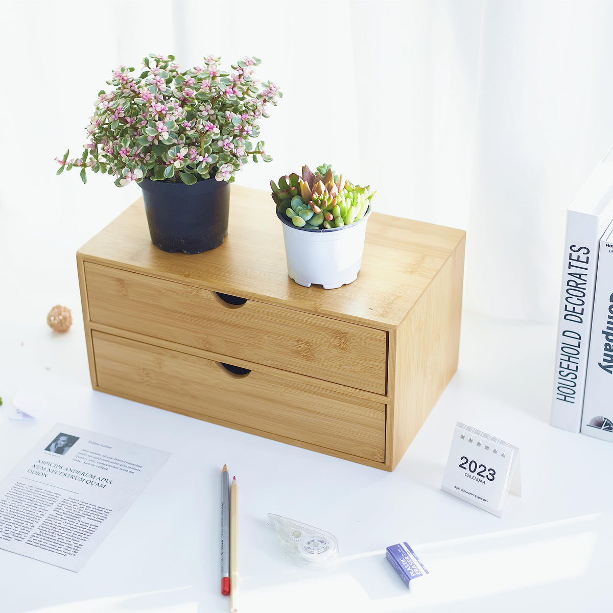 Charmewooden Bamboo Desk Organizer With Drawers Countertop Drawers Counter Storage Box Corner Desk Organizer for Home Office No Assembly Required (2 Drawers)