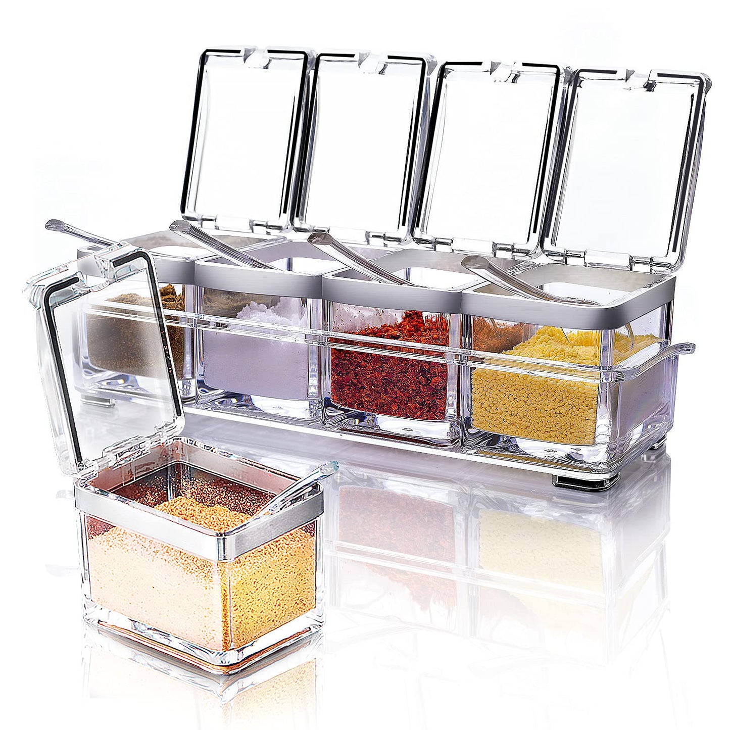 Acrylic Seasoning Box Set, 4 Piece Clear Premium Quality Storage Rack Spice Pots Condiment Jars for Salt Sugar Cruet Kitchen Organization Containers with Cover and Spoon