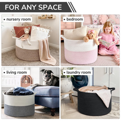INDRESSME XXXLarge Blanket Basket 21.7" x 21.7" x 13.8" Woven Storage Baskets Soft Cotton Rope Toy Baskets Storage Kids Decorative Laundry for Home, Perfect for Living Room, Black