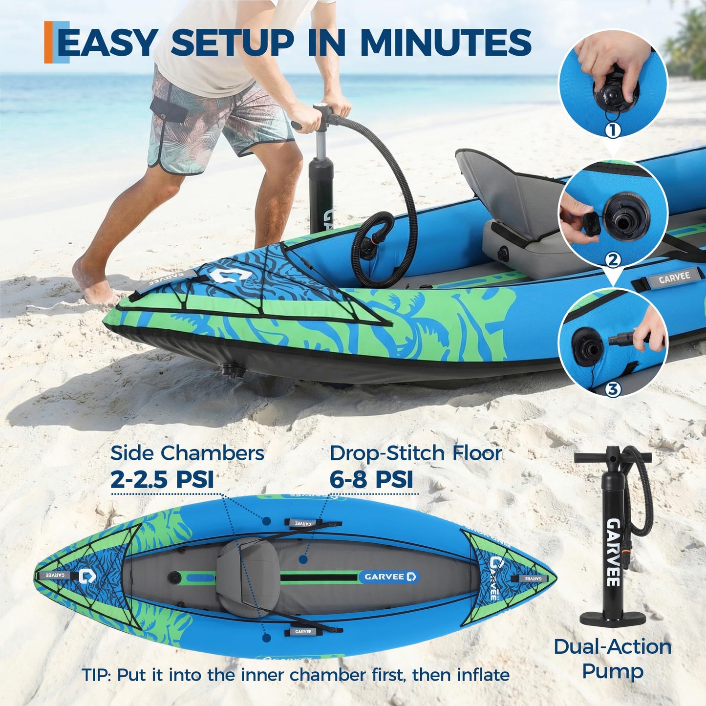 Single Inflatable Kayak, Heavy Duty Tandem Kayak for Adults and Kids, Portable Summer Fishing & Touring Kayak Set with Paddles, Adjustable Seats, Pump & Carry Bag, Recreational Kayaks for Beginners