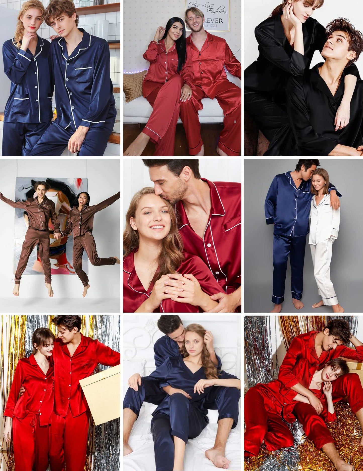 Ekouaer Couples Matching Pajamas Silk Long Sleeve Sleepwear Satin Soft Button Down Loungewear Pjs Set,Red,XXL