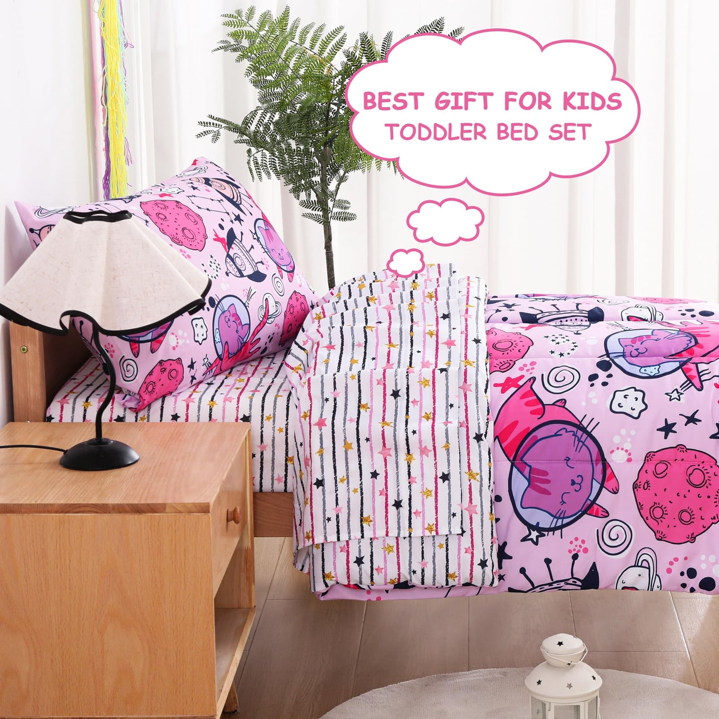 Mooreeke 4 Pieces Toddler Bedding Set - Pink Cute Space Cat Toddler Comforter Sets for Girls, Includes Comforter, Flat Sheet, Fitted Sheet and Pillowcase, Bed in A Bag for Baby Bedroom