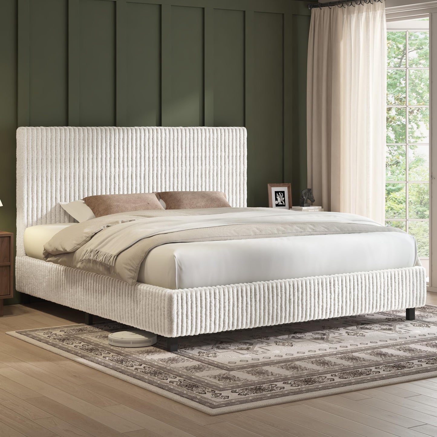 AMERLIFE Queen Bed Frame, Upholstered Metal Platform Bed with Vertical Channel Tufted Headboard, Soft Fabric & Strong Metal Slats, Noise-Free/Easy Assembly, White Queen Upholstered Bed and Headboard
