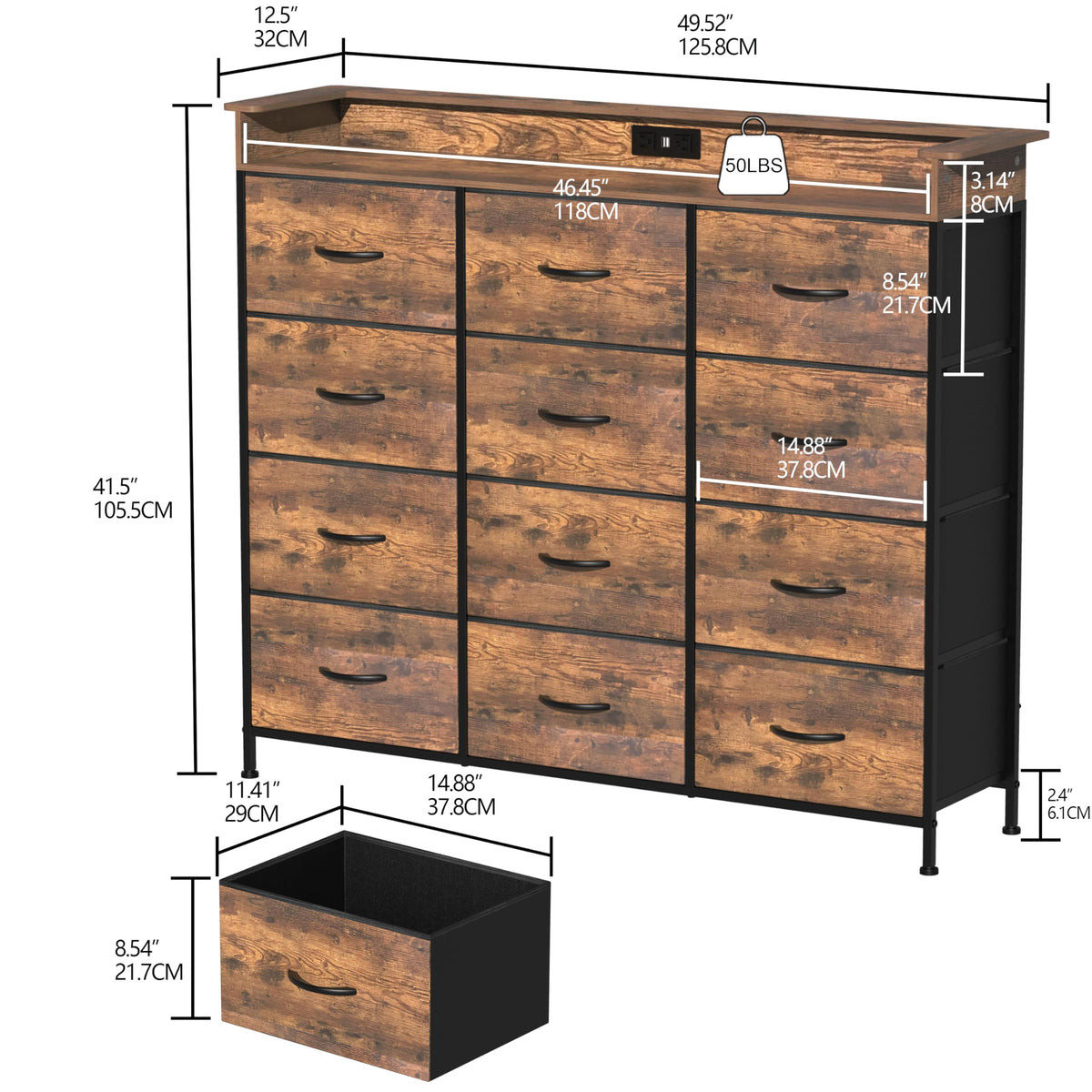 Welfuturer Dresser for Bedroom with 12 Drawers Clothes Dresser with Charging Station and LED Light Fabric Storage Tower for Living Room Hallway Closet Sturdy Steel Frame Wooden Top Rustic Brown