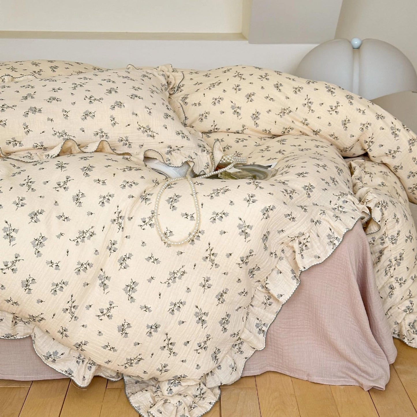 BuLuTu Muslin Duvet Cover Queen Bedding Set, Chic Shabby Floral Ruffles Quilt Cover 90"x90", Gauze Cotton Comforter Cover with 2 Pillowcases, Hyacinth Pattern, Zipper Closure, All Season