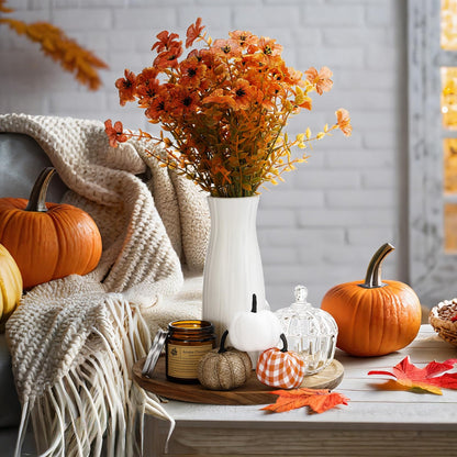 Pinkunn 10 Pcs Fall Wooden Decorative Tray Set with Round Wood Tray Scented Candles Burlap Faux Pumpkin Glass Pumpkin Sugar Bowl Artificial Fake Flowers Vase Autumn Decor Set for Thanksgiving Home