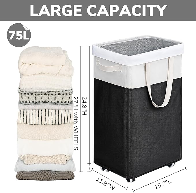 Goodpick Hamper with Wheels 75L 2-Pack, Tall Laundry Basket with Removable Wash
