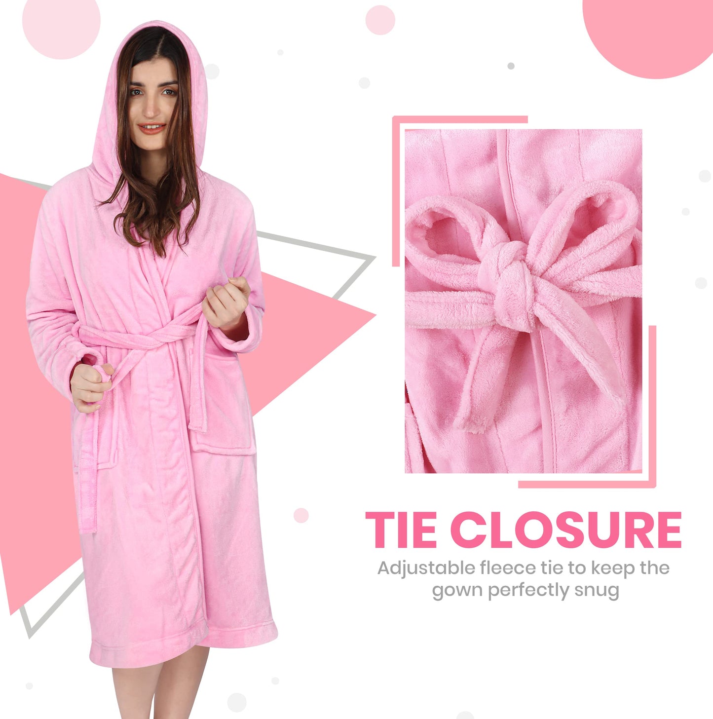 NY Threads Luxury Ladies Hooded Dressing Gown Super Soft Fleece Women's Robe Comfortable Loungewear and Nightwear, Pink, Medium