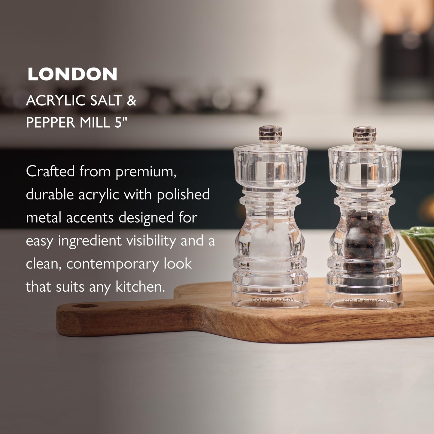 Cole & Mason London Acrylic Salt and Pepper Mill Set, 130mm, Precision+ Carbon/Ceramic Mechanisms, Salt and Pepper Grinders with Adjustable Grind, Gift Set
