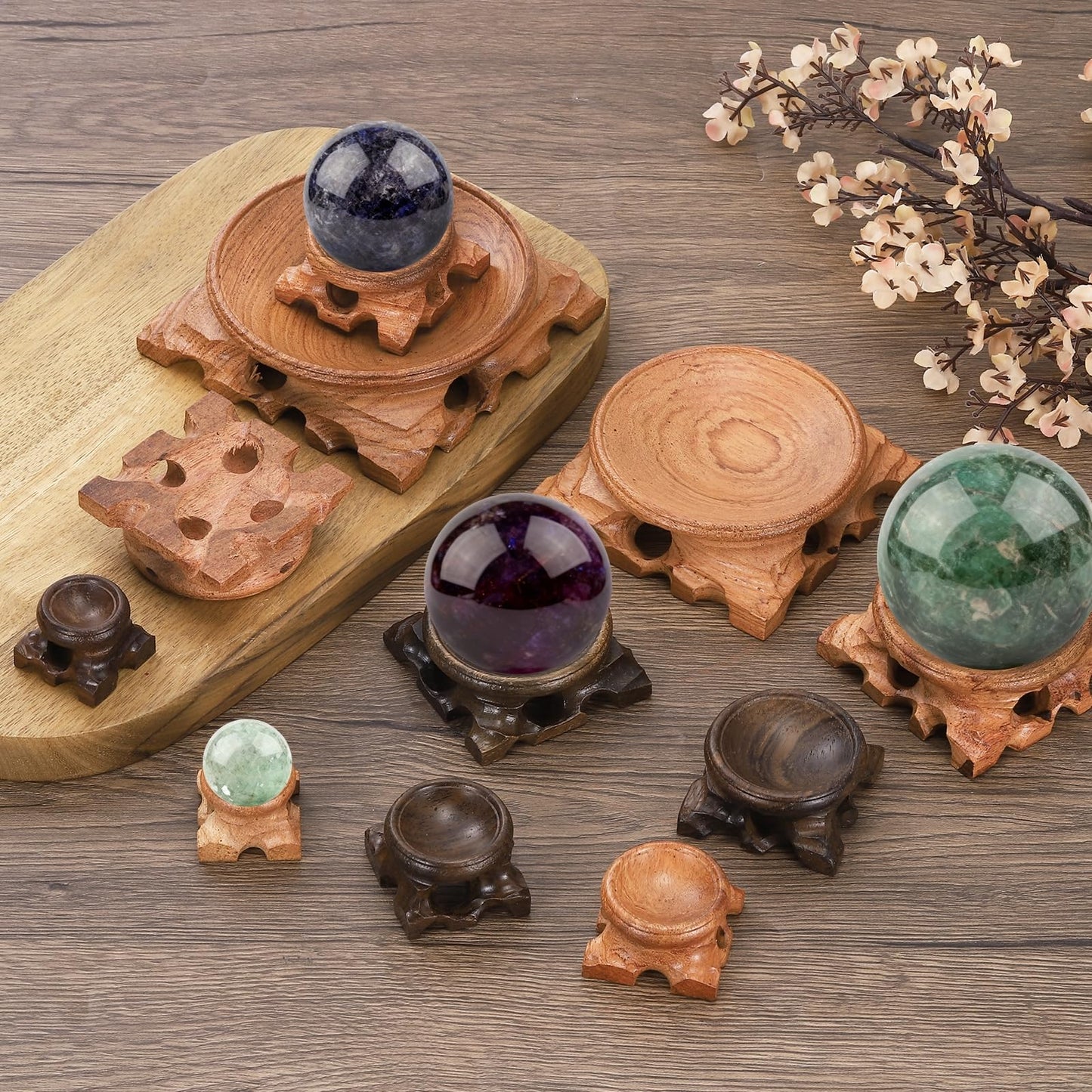 uxcell 4Pcs Mini Wooden Crystal Ball Stand, 40/50mm Wood Display Stand Base Round Rosewood Sphere Holder for Secure Display Crystal Ball Sphere Eggs Stone, Red Brown